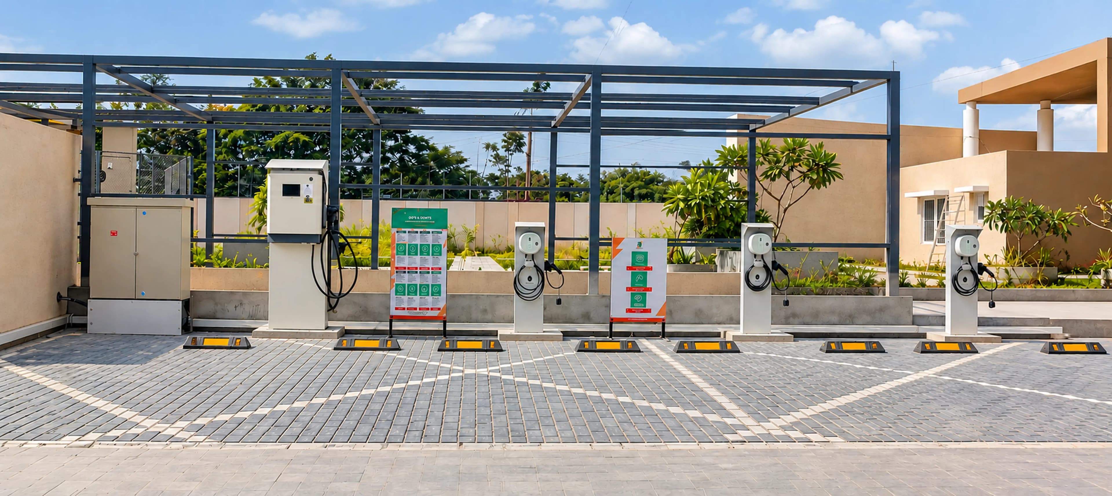 A LionCharge station under a branded canopy with charging infrastructure.