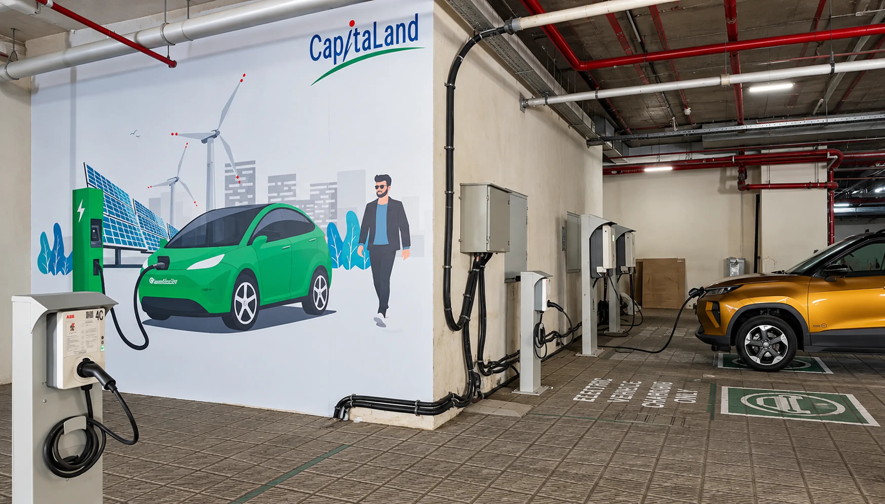 A mixed AC and DC charging bank under a canopy.