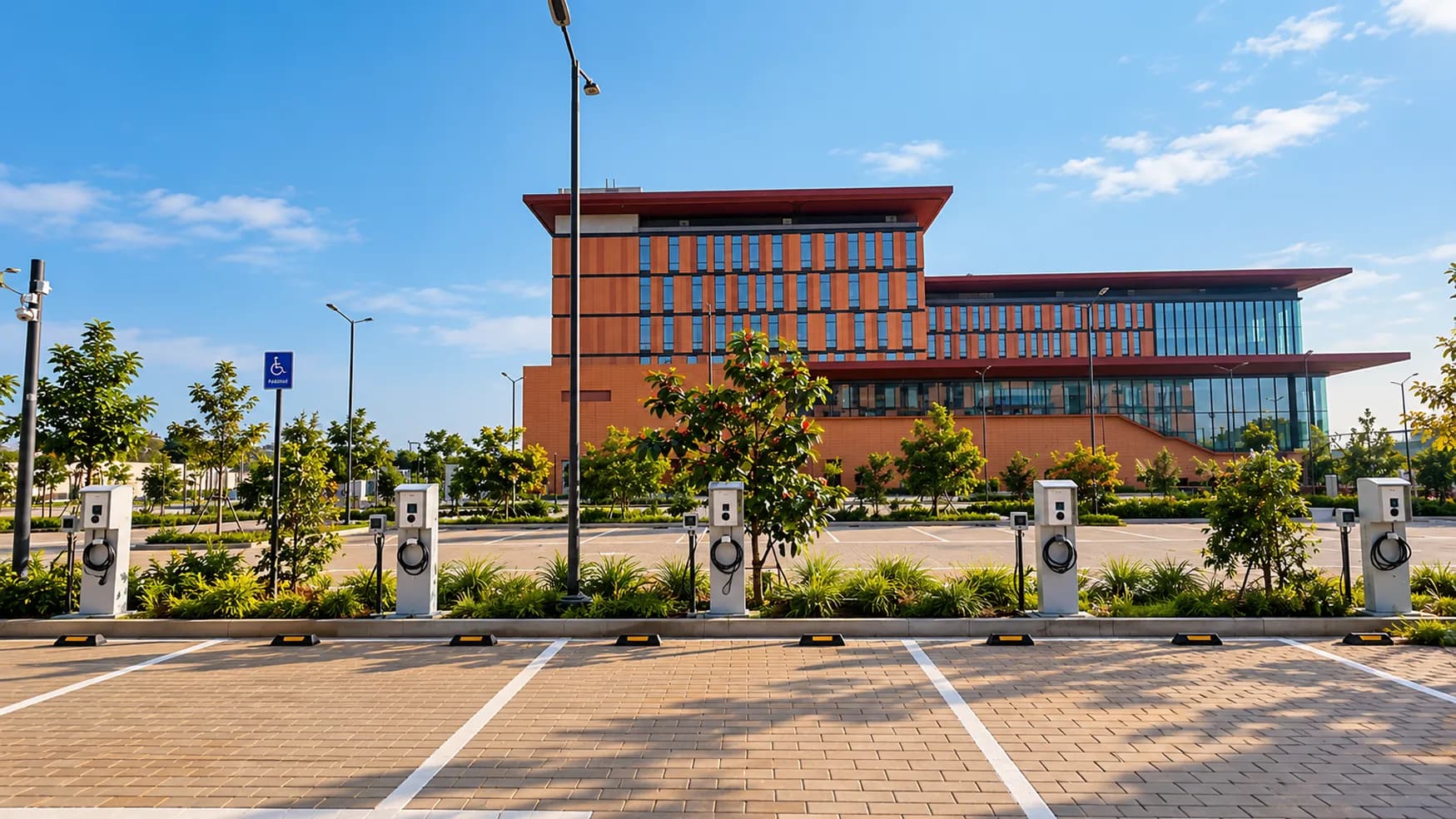 A bank of LionCharge chargers in a parking bay balancing load across a shared supply.