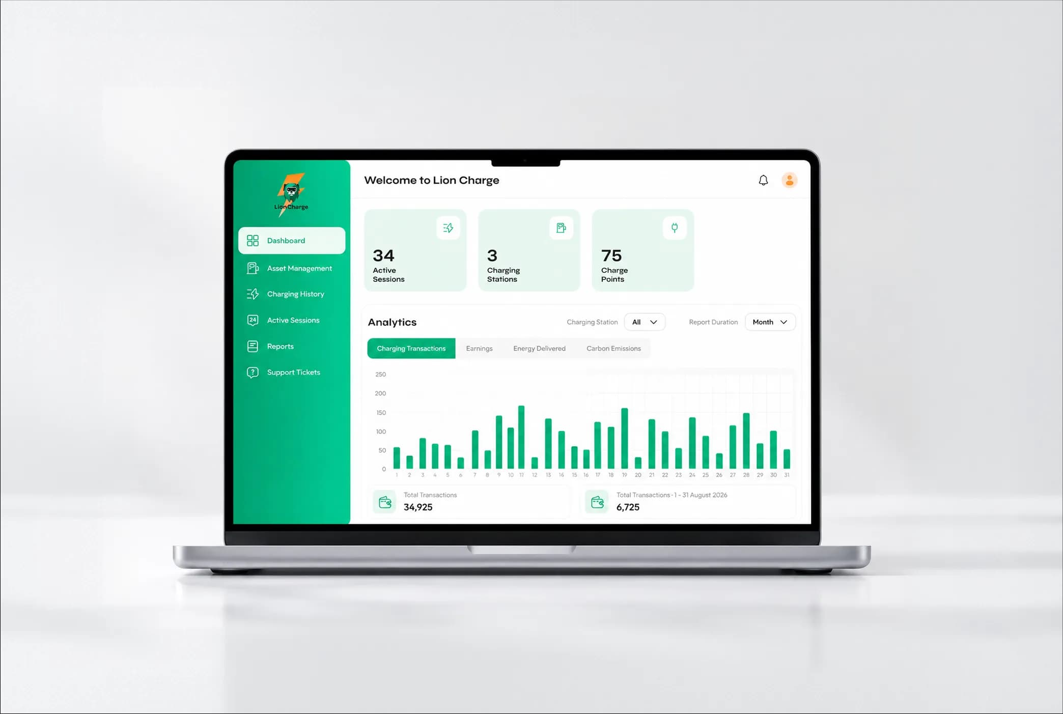 The LionCharge management dashboard and mobile app showing live charger status and session reports.