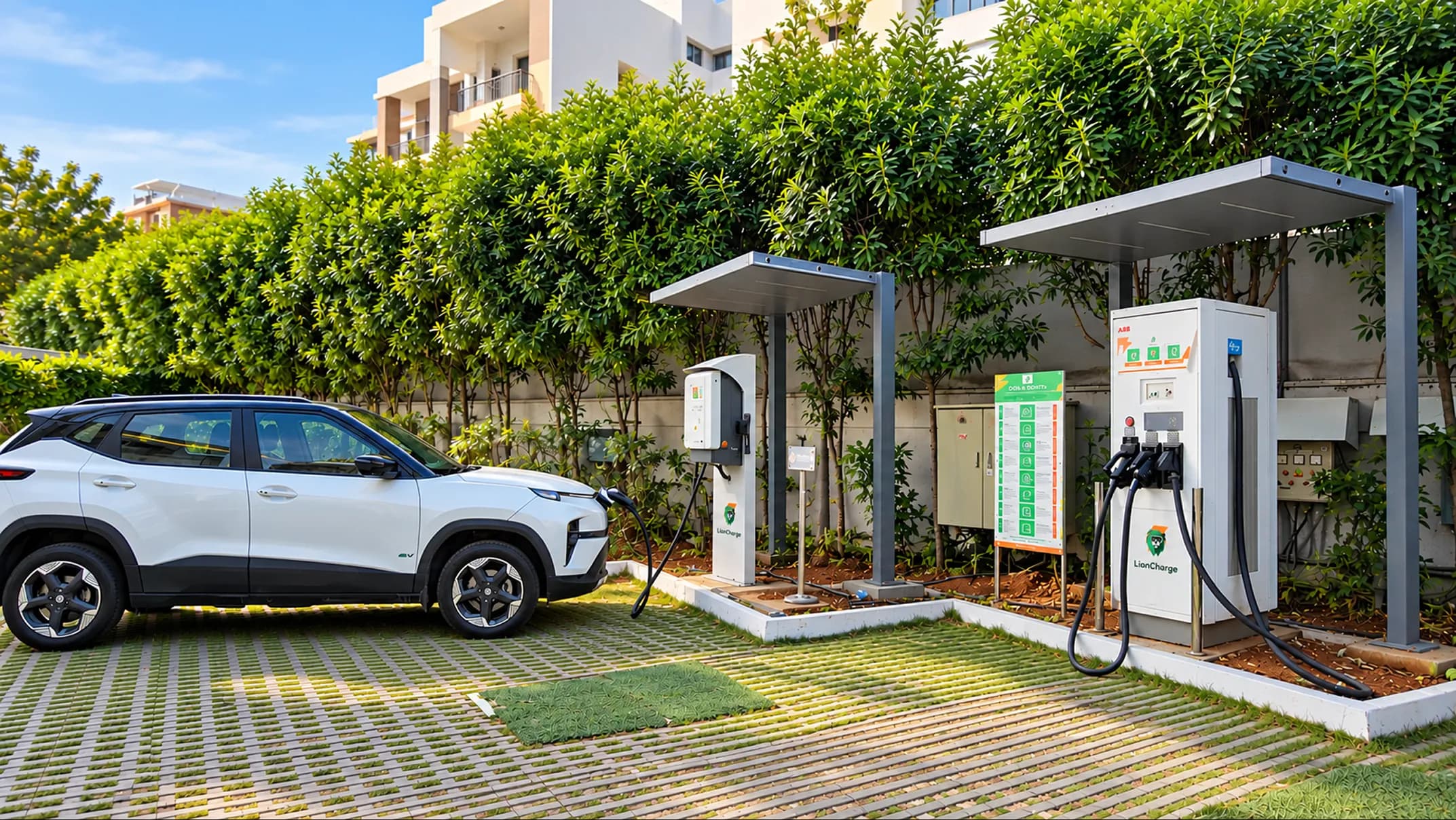 A charger installed beside a covered resident parking bay.