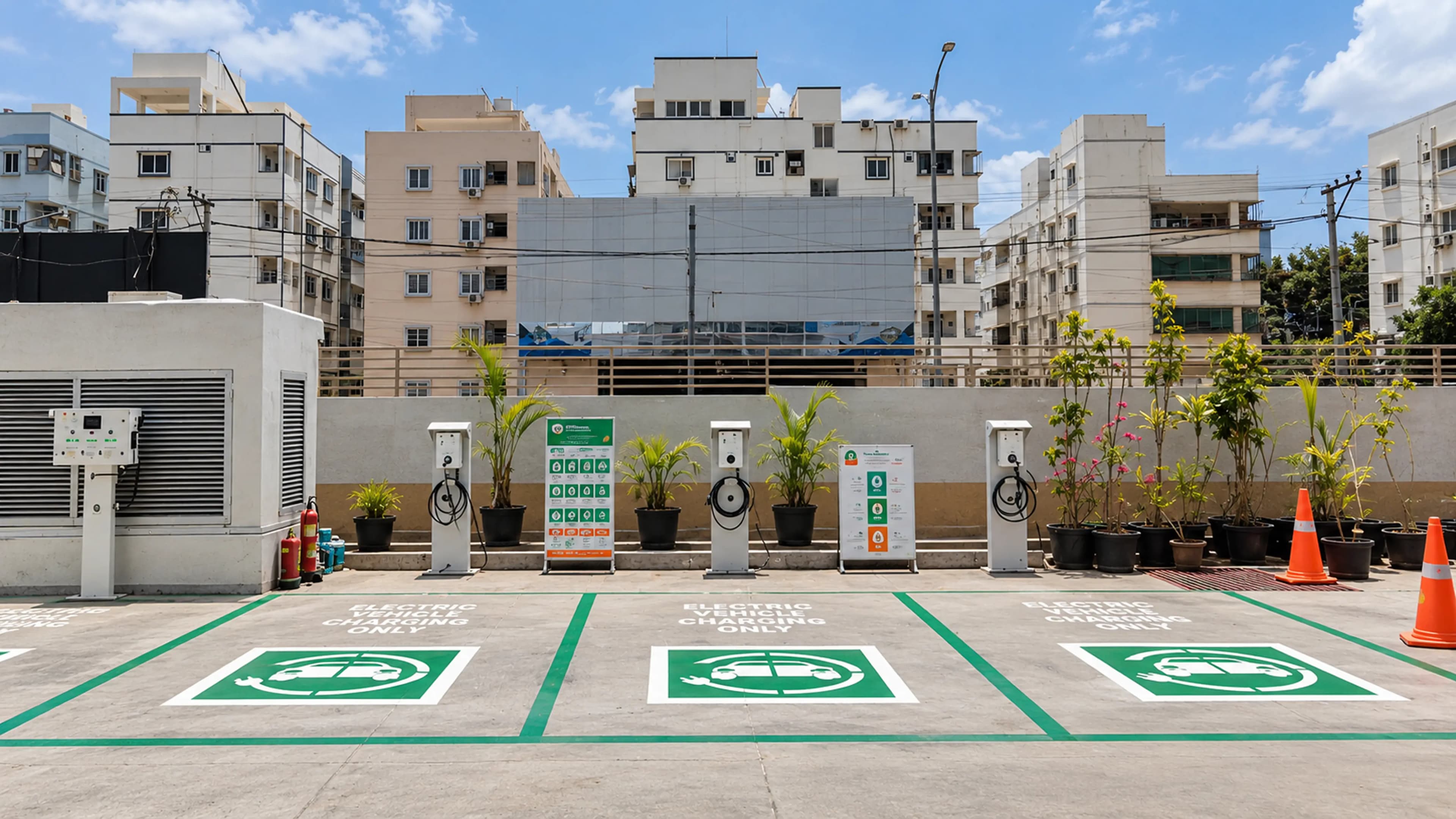 A LionCharge charging canopy over marked EV bays in a landscaped campus courtyard.