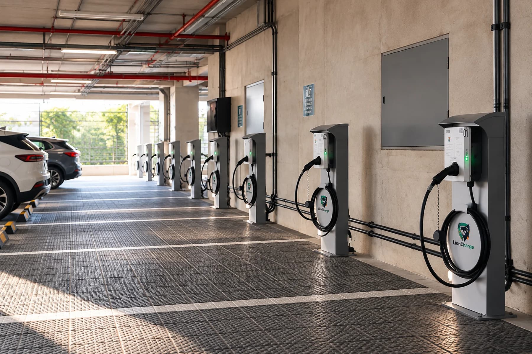 Chargers installed across the resident parking deck at Bollineni Bion, Kondapur.